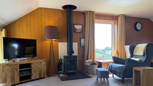 Een gezellige woonkamer met een televisie, een open haard, een bank en een raam met uitzicht.