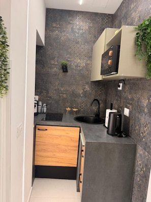 Kühlschrank, Mikrowelle, Herdplatte, Wasserkocher mit Kaffee-/Teezubehör