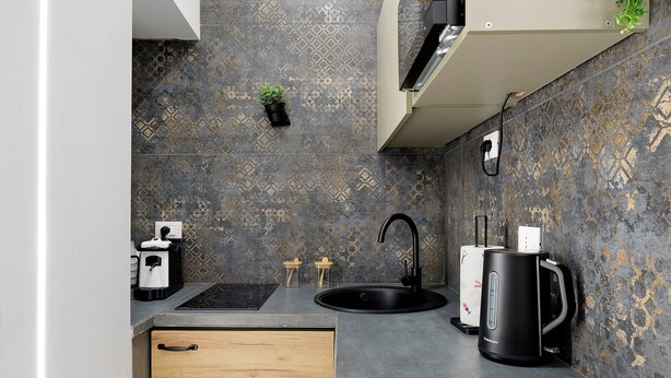 Una cocina moderna con un lavamanos negro, una cafetera y una pequeña planta en maceta en la pared.