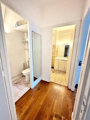 A bathroom with a toilet, a mirror, and a shower area. - Celine 8 (Paris)