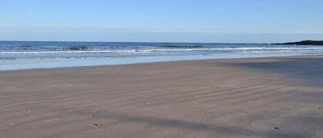 Une plage dotée d’un large rivage sablonneux et d’une mer calme.