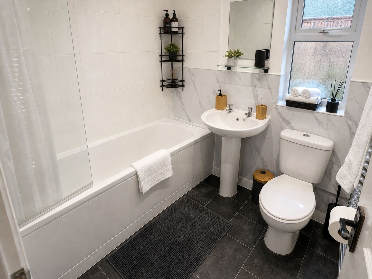 Hair dryer, towels, soap, toilet paper