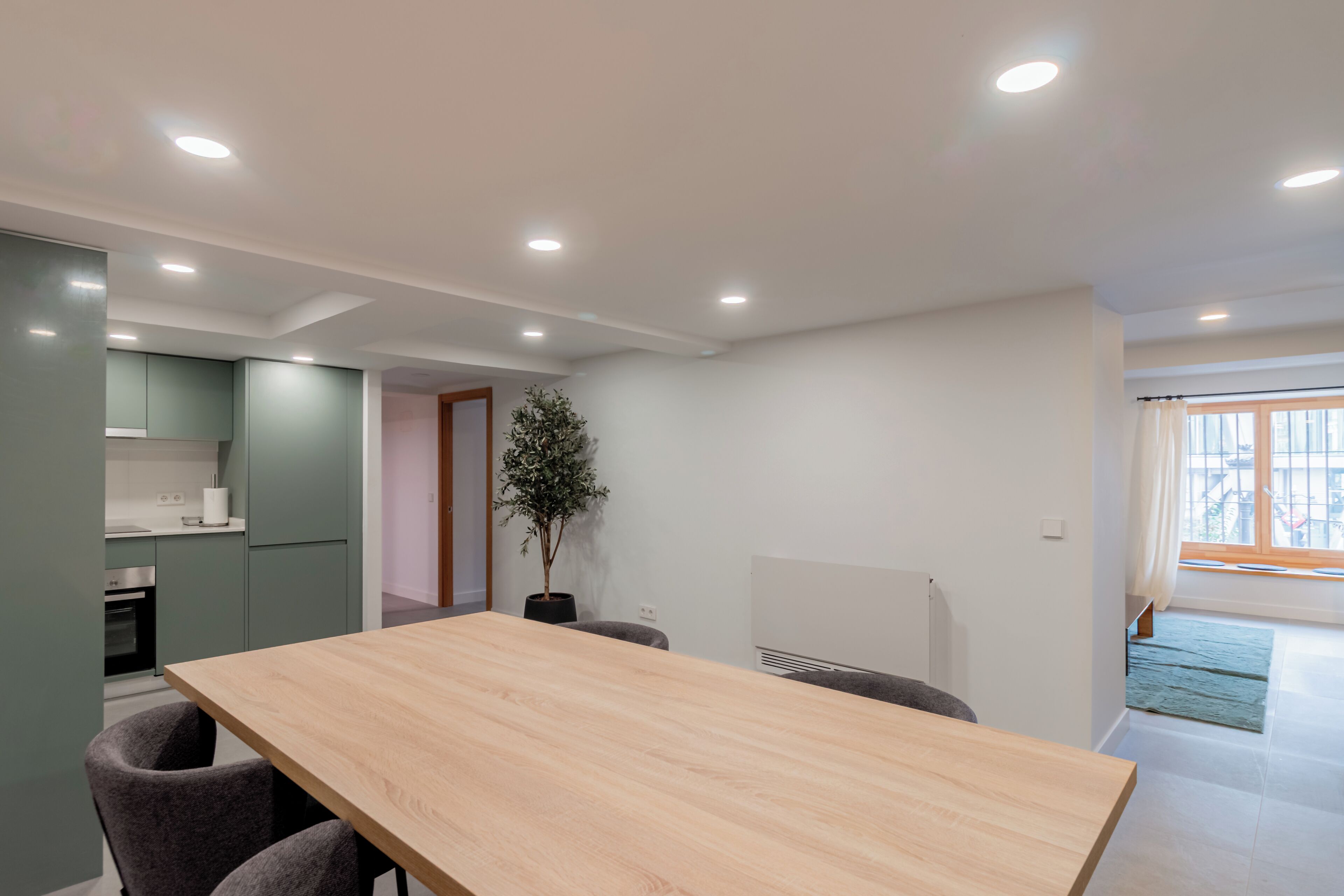 Una cocina moderna con electrodomésticos integrados, una zona de comedor con mesa y sillas de madera, y una planta en maceta.