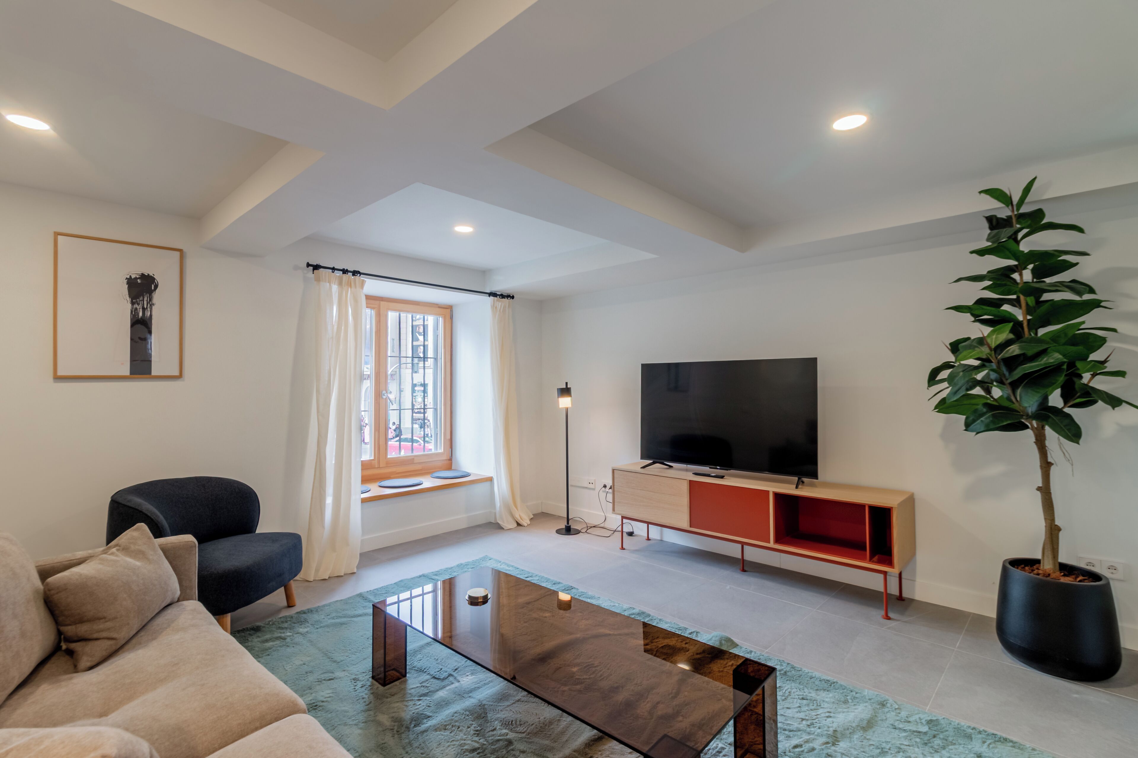 A modern living room with a sofa, a coffee table, a TV on a stand, a potted plant, and a window with curtains.