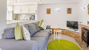 A living room with a grey sofa, a small white side table, a green rug, a fireplace, and a TV. - 2 Bed in Bideford (oc-60428) (Pusehill)