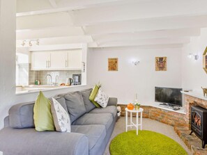 A living room with a grey sofa, a small white side table, a green rug, a fireplace, and a TV. - 2 Bed in Bideford (oc-60428) (Pusehill)