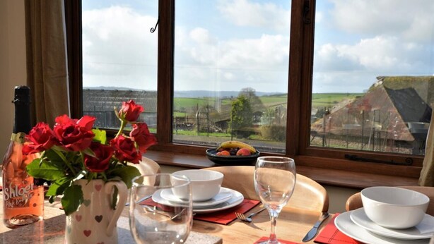 Ein Esstisch mit Tellern, Gläsern und einer Rosenvase an einem Fenster mit Blick auf die Landschaft.