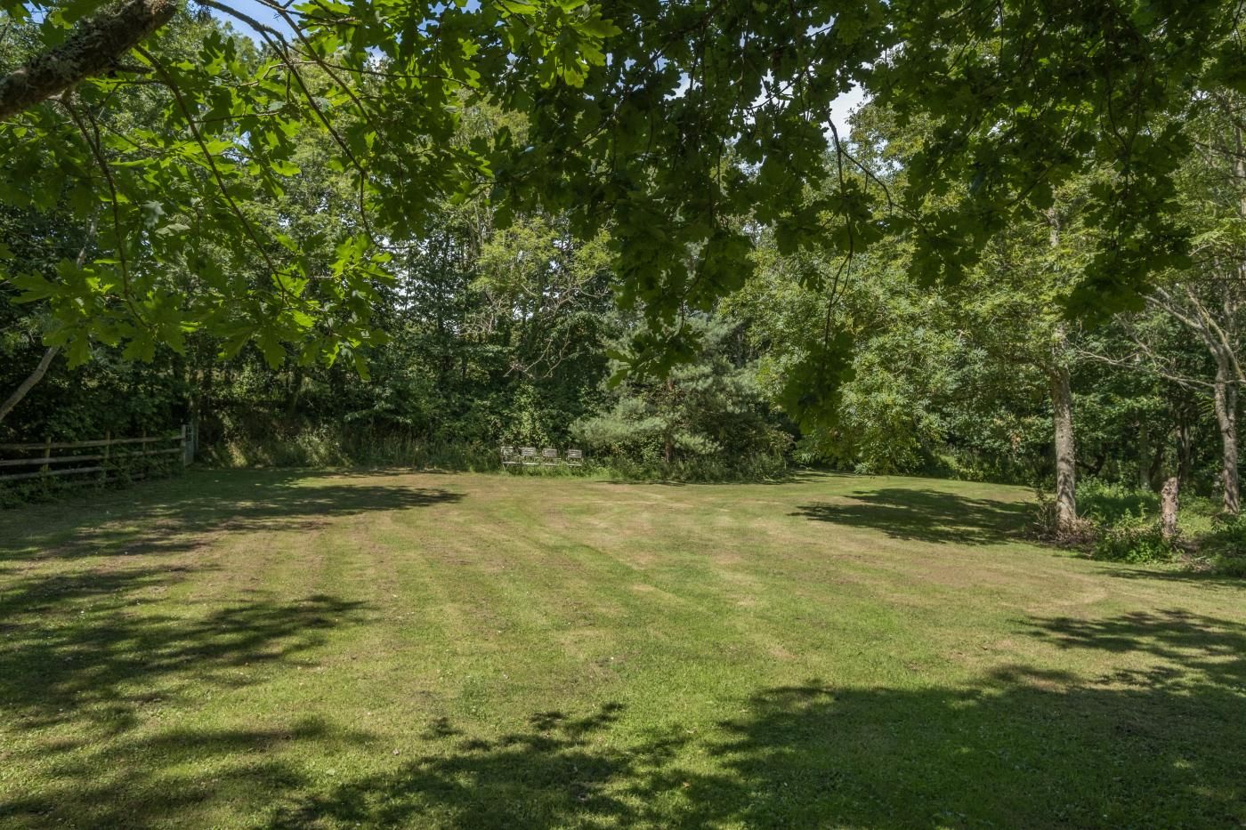 Un espace extérieur verdoyant, avec des arbres et une clôture en bois.