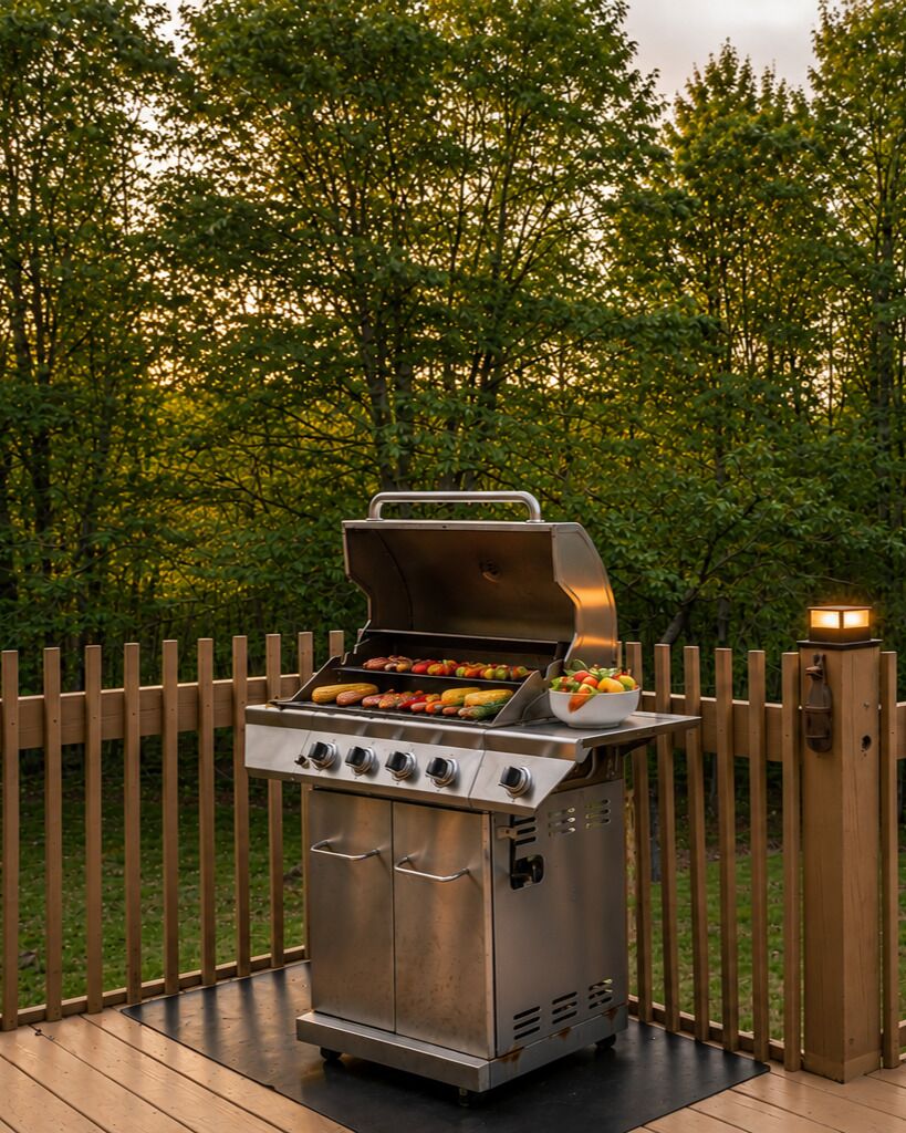 An outdoor grill with multiple burners, a side burner, and a lid, set on a wooden deck with a wooden fence in the background.