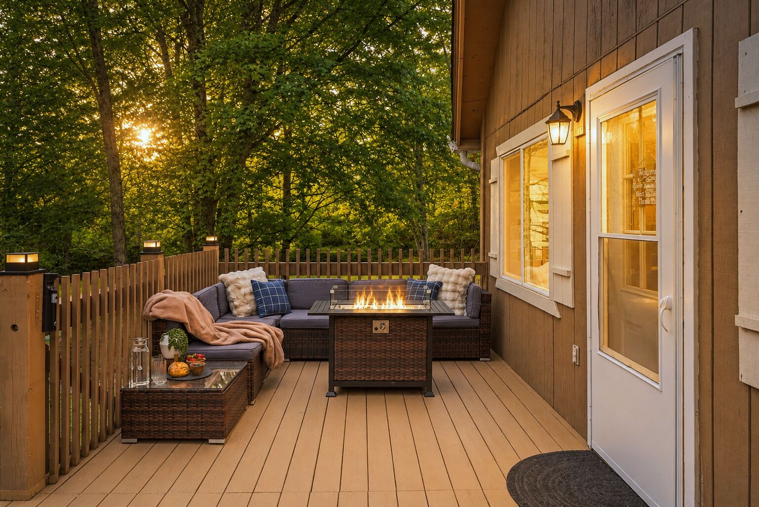 An outdoor patio with a built-in fire feature, seating, and a wooden deck.