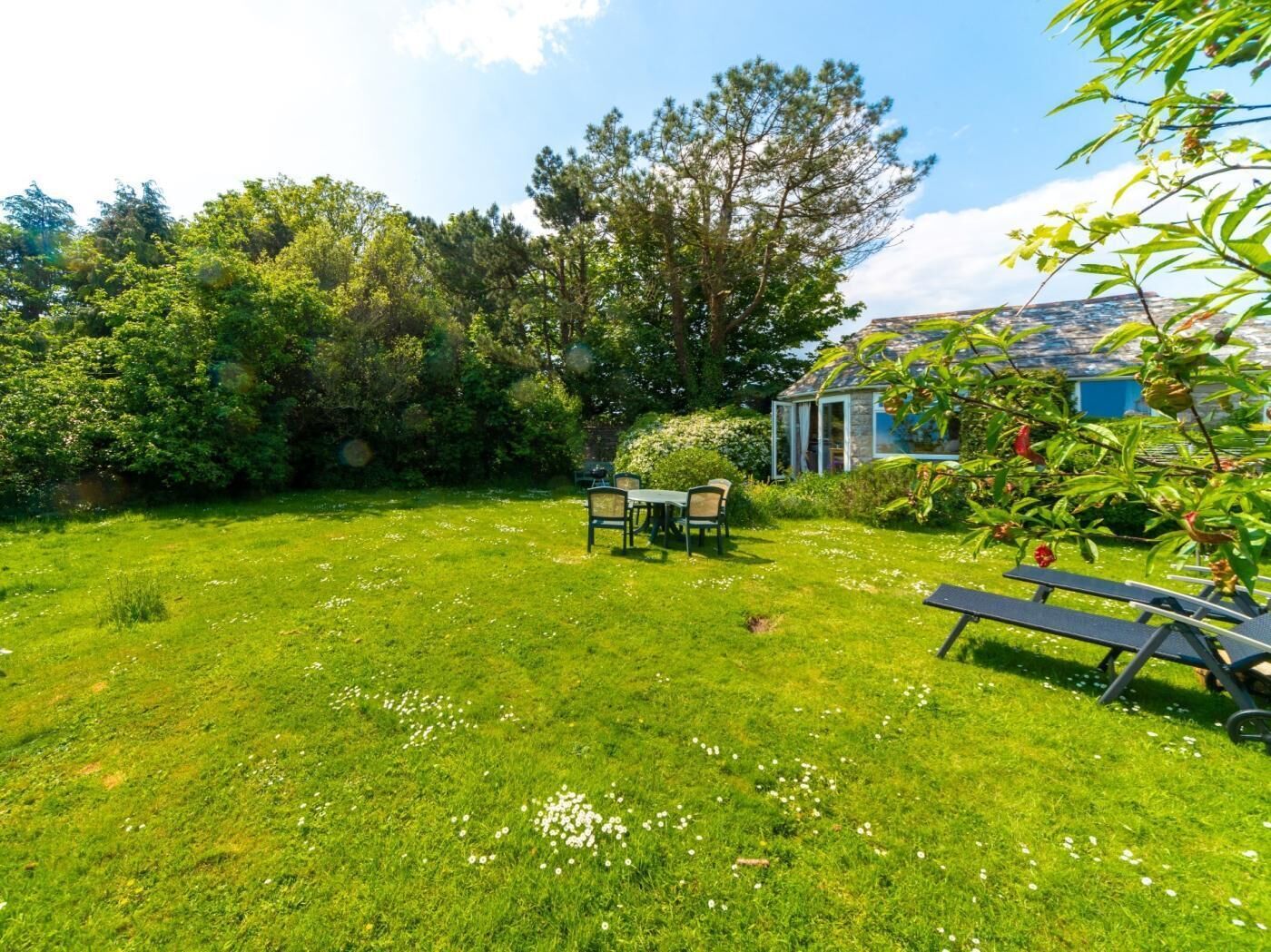 A lush green lawn with a picnic table and chairs, surrounded by dense foliage and a small building with a blue roof.
