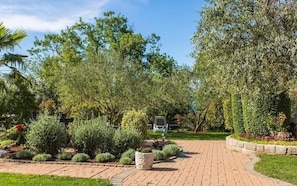 A garden pathway with a chair, surrounded by various shrubs and trees. - Apartment Villa Milčetić (Malinska)