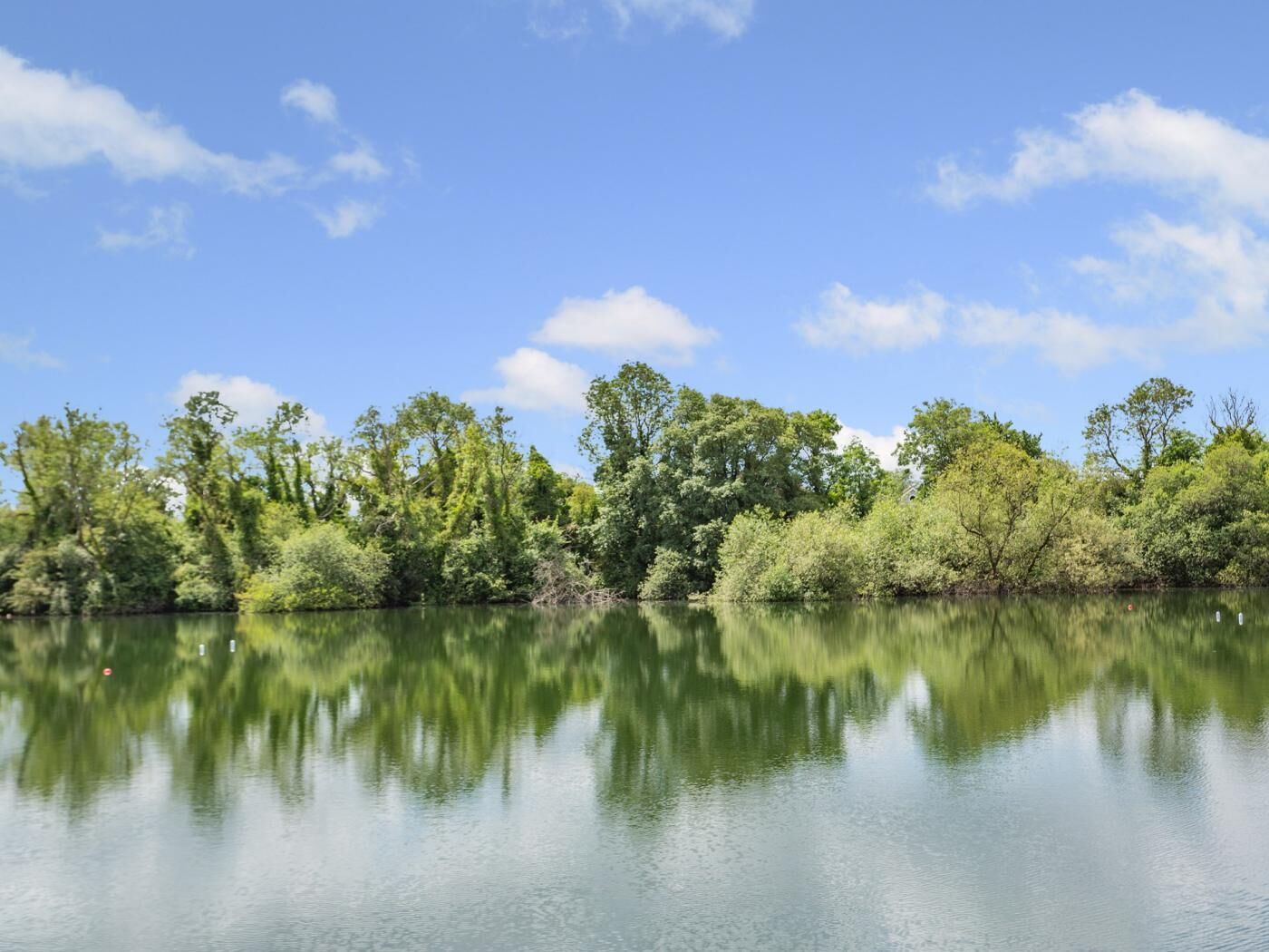 A calm lake with dense greenery and trees reflecting on the water.