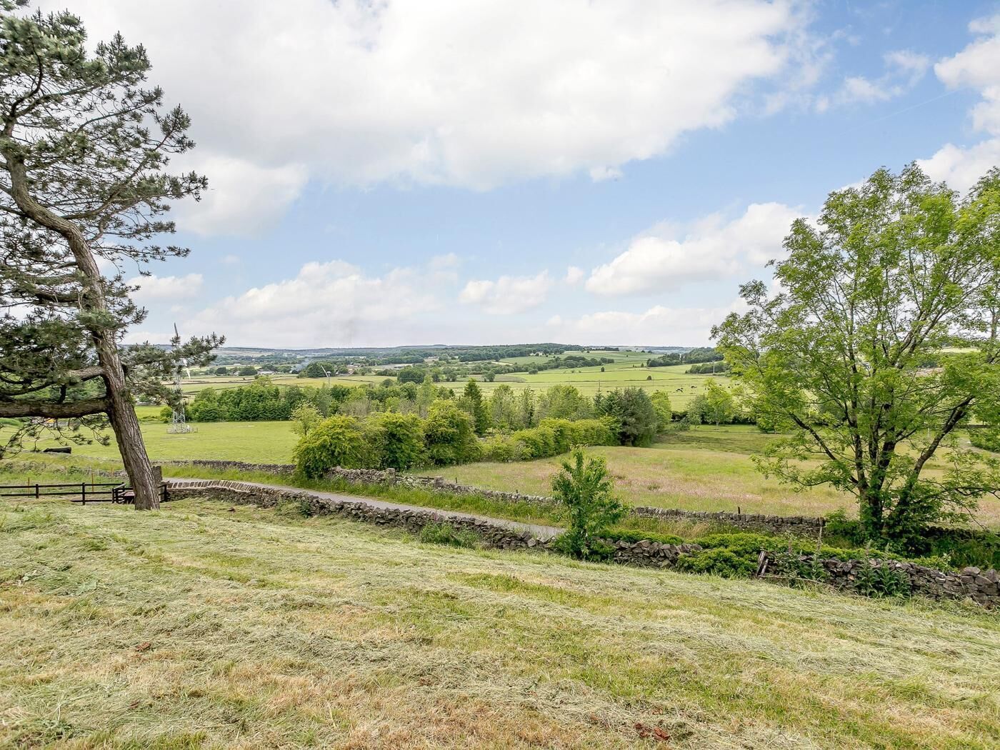A rural landscape with a stone wall, grassy fields, and trees.