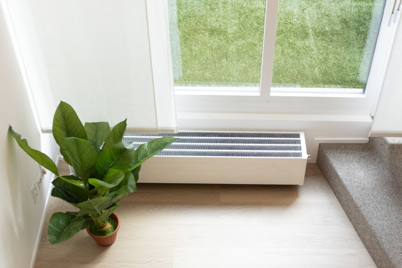 Una esquina de una habitación con una planta en maceta, una ventana que da a un área verde y un radiador blanco.