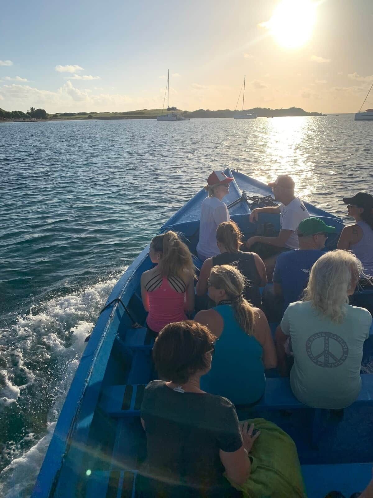 A group of people on a boat with a view of the water and distant land.