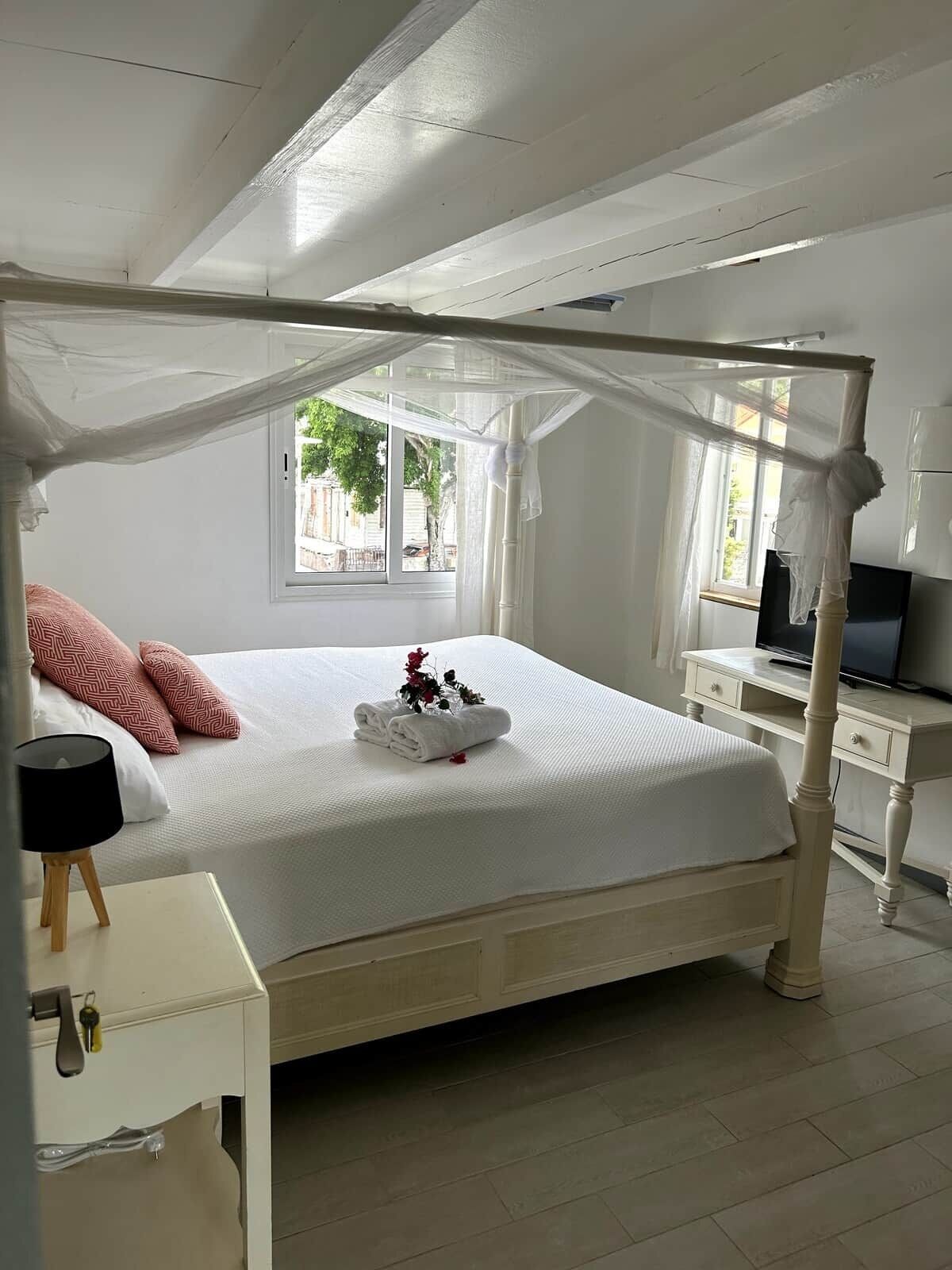 Un dormitorio con cama con dosel, televisor, escritorio y ventana con vista al exterior.