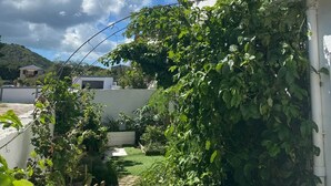 A white building with a garden, a wooden fence, and a clear sky. - Happy House in Grand Case Beach 1 (Grand Case)