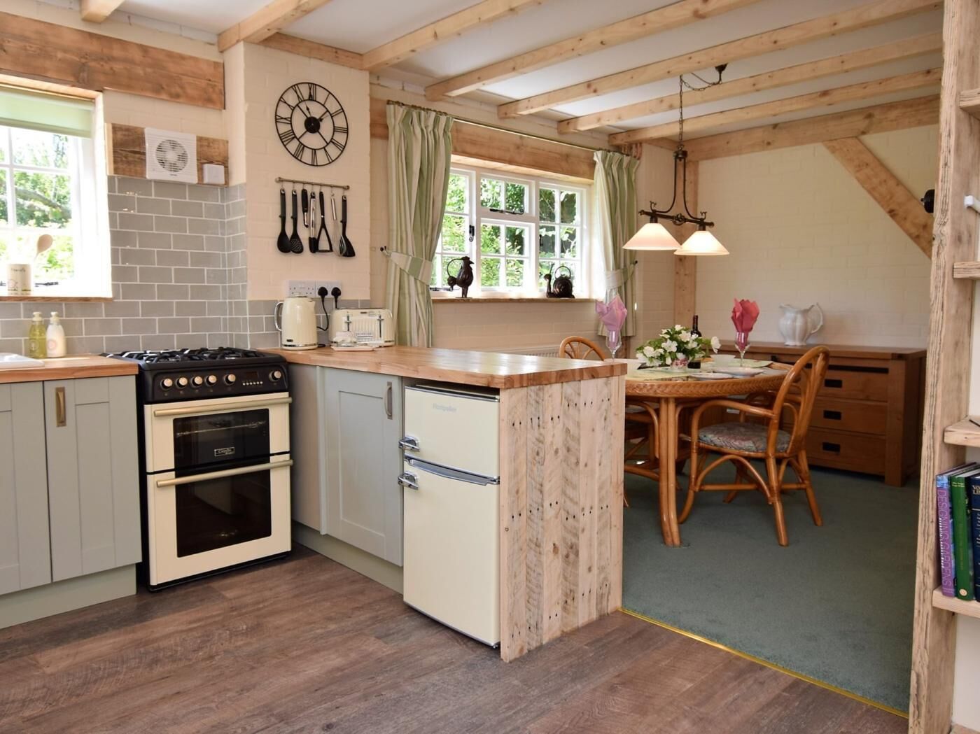 Oven, high chair, cookware/dishes/utensils