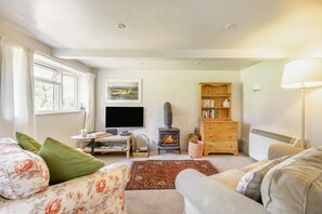 A cozy living room with a fireplace, a television, a bookshelf, and a sofa. - 2 Bed in Beaminster (oc-63136) (Stoke Abbott)