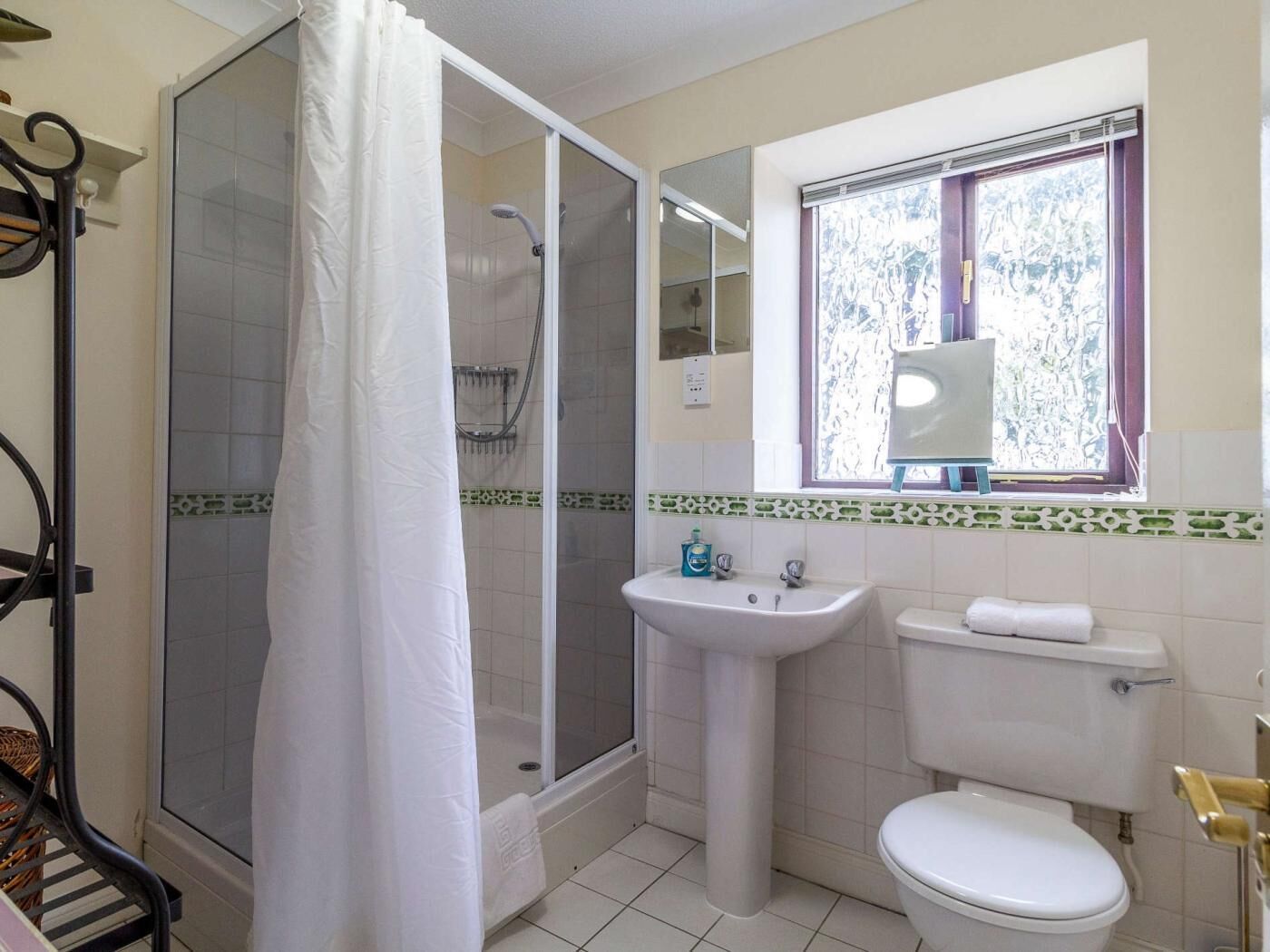 A bathroom with a shower, sink, toilet, and a window with a view.