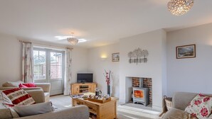 Una sala de estar con sofás, una mesa de centro, una chimenea y un televisor.