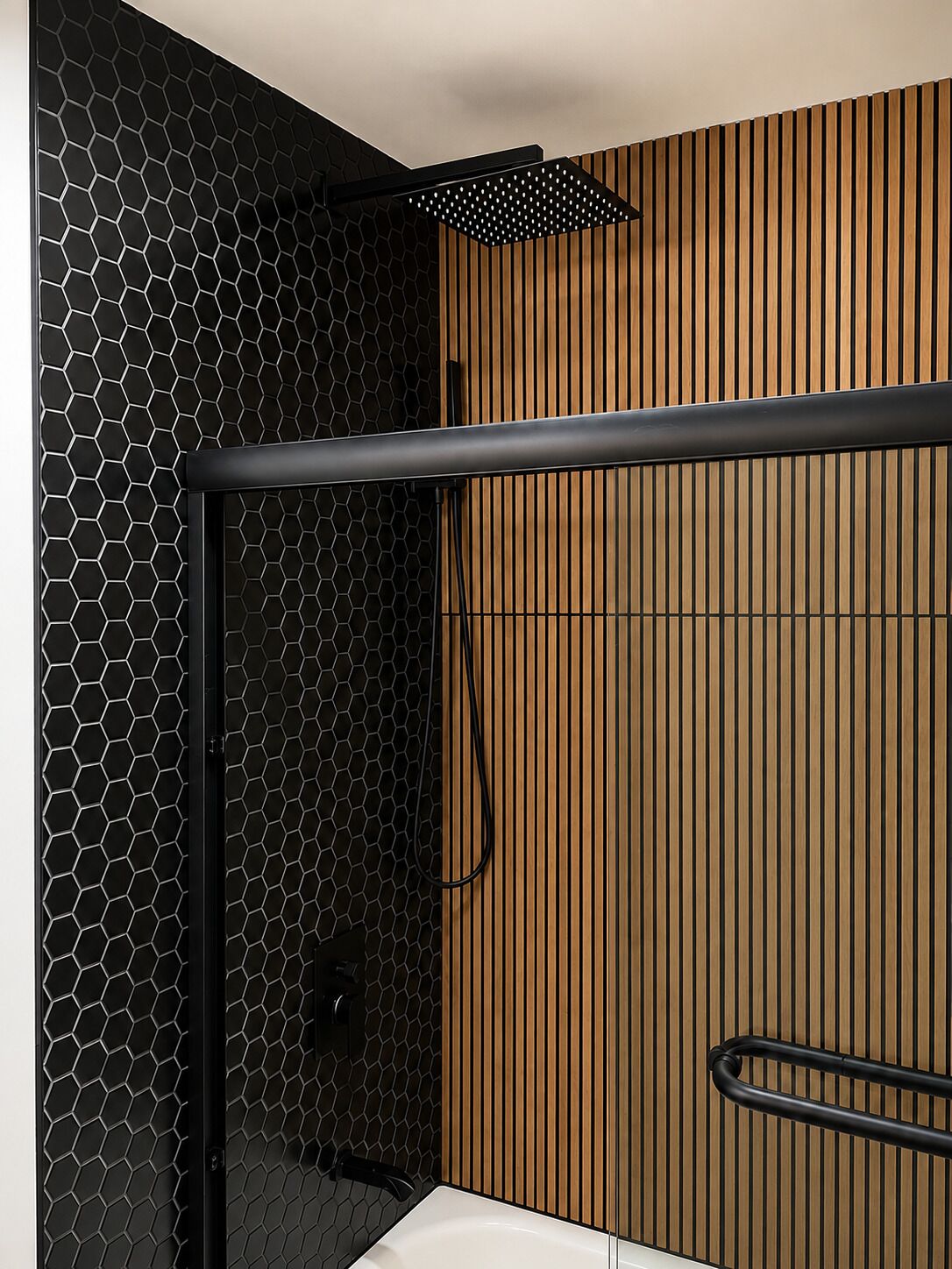A modern bathroom with a black hexagonal tile wall, a wooden slatted wall, and a white sink.