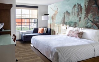 Habitación de hotel con una cama grande, un escritorio, una silla, un sofá, una lámpara y un cuadro con un ciervo y montañas.