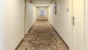 Un pasillo de hotel con pisos alfombrados, puertas a ambos lados y una lámpara en el techo.
