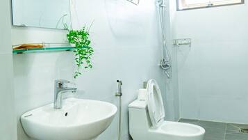 Shower, free toiletries, hair dryer, towels