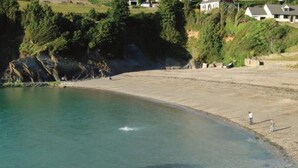 Eine Küstenlandschaft mit einem klaren Strand, felsiger Küstenlinie und Häusern im Hintergrund.