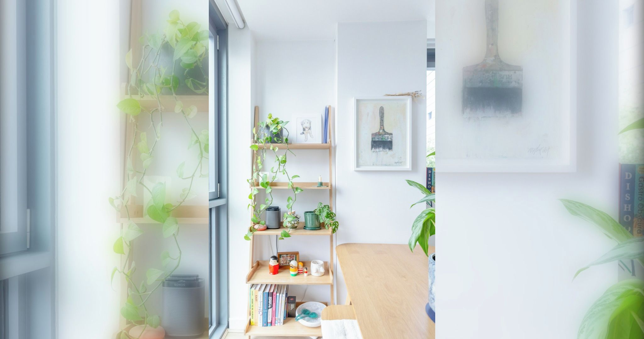 A room with a window, a bookshelf, a painting, and a plant.