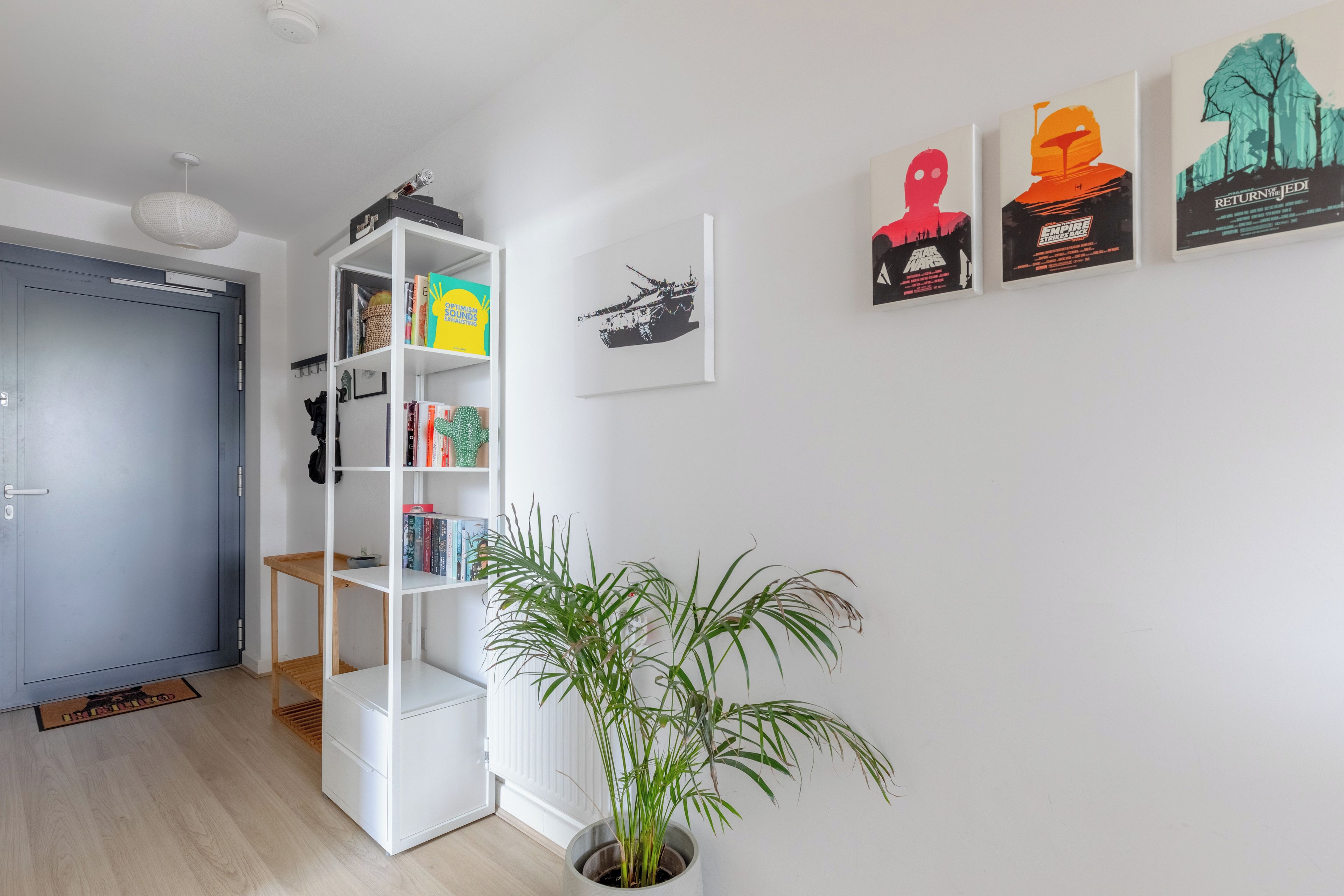 A room with a white bookshelf, a potted plant, and Star Wars posters on the wall.