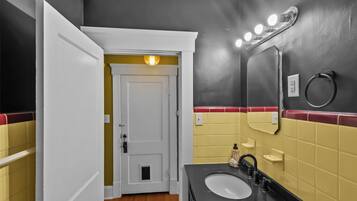 Hair dryer, towels, soap, toilet paper
