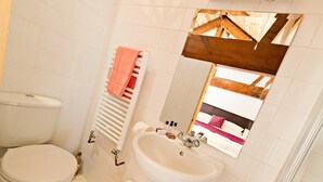 Un bagno con servizi igienici, lavandino e doccia.