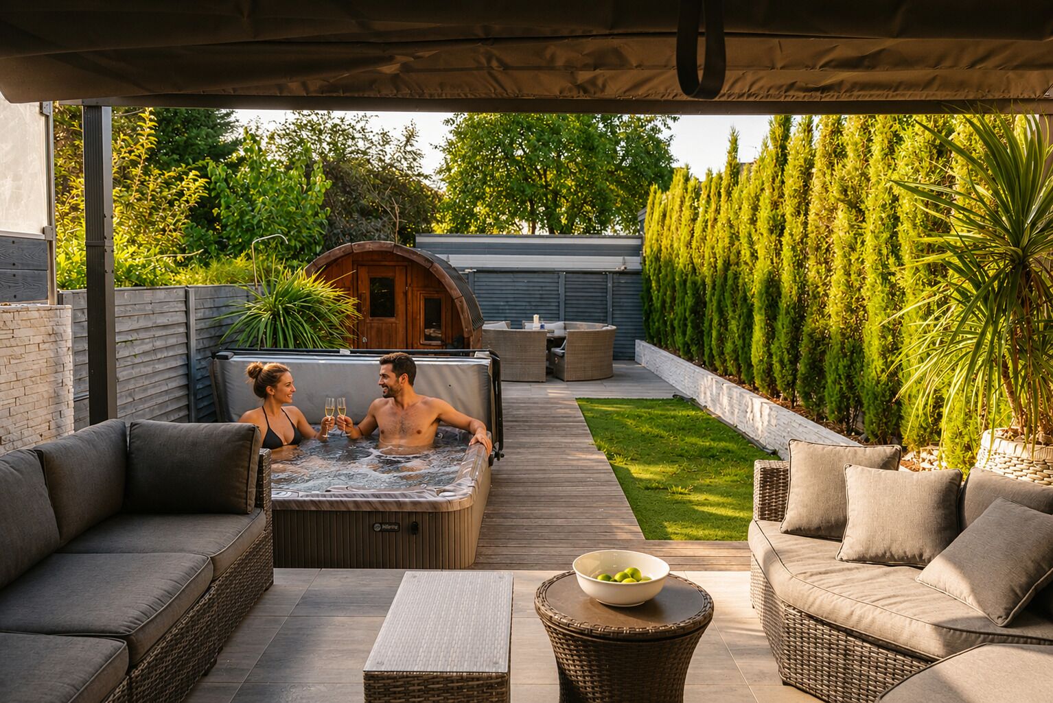A hot tub with two people toasting, surrounded by outdoor furniture and a wooden deck.