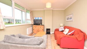 Una sala de estar con un sofá, televisor, chimenea y una ventana con cortinas.