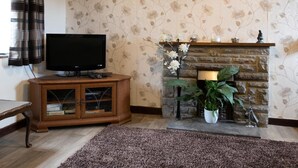 Un salon avec une télévision, une cheminée et une horloge au mur.