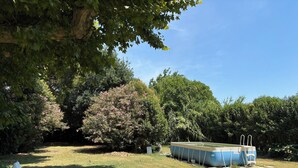 Un cortile con una piscina, una sedia di plastica bianca e diversi alberi.