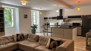 Una cucina moderna con zona pranzo, un divano con cuscini decorativi e una pianta in vaso.