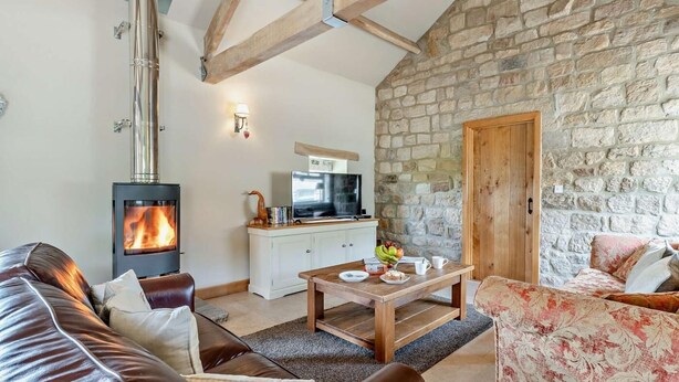 Una sala de estar acogedora con pared de piedra, chimenea, sofá, mesa de centro y televisor.