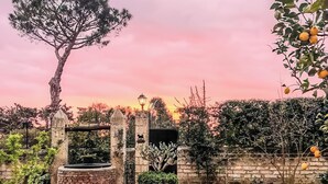 A garden with a stone pathway, a tree, and a wall with a gate. - Villa Giulia (Campania)