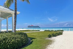 Vista de una playa con un quiosco blanco, una palmera y un crucero al fondo.
