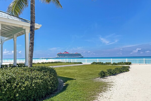 A beach view with a white gazebo, a palm tree, and a cruise ship in the distance.
