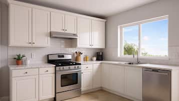 Villa, 2 Bedrooms | Private kitchen | Full-size fridge, microwave, cookware/dishes/utensils, dining table