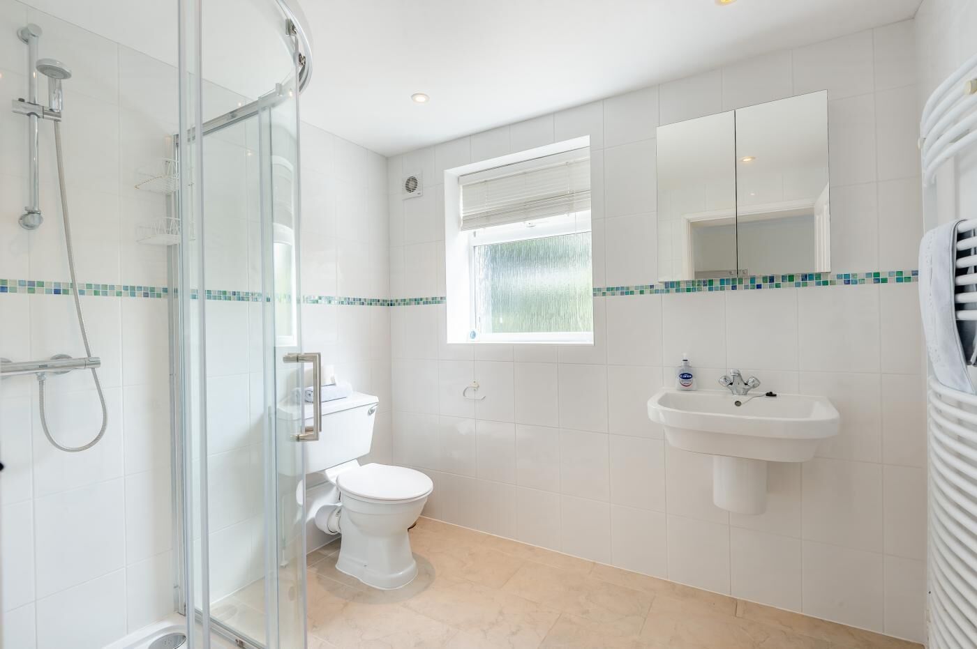 Een badkamer met een douchecabine van glas, een toilet, een wastafel en een raam met uitzicht.