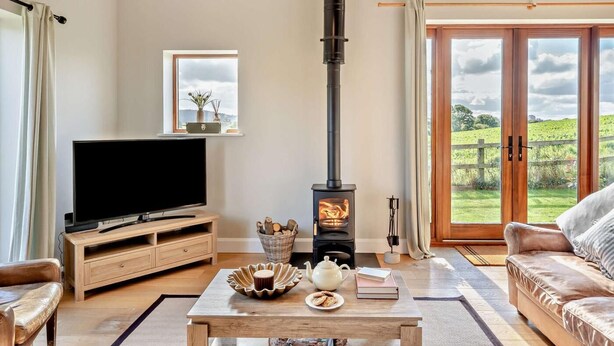 Ein Wohnzimmer mit Fernseher, Holzmöbeln, Kamin und Blick ins Freie.