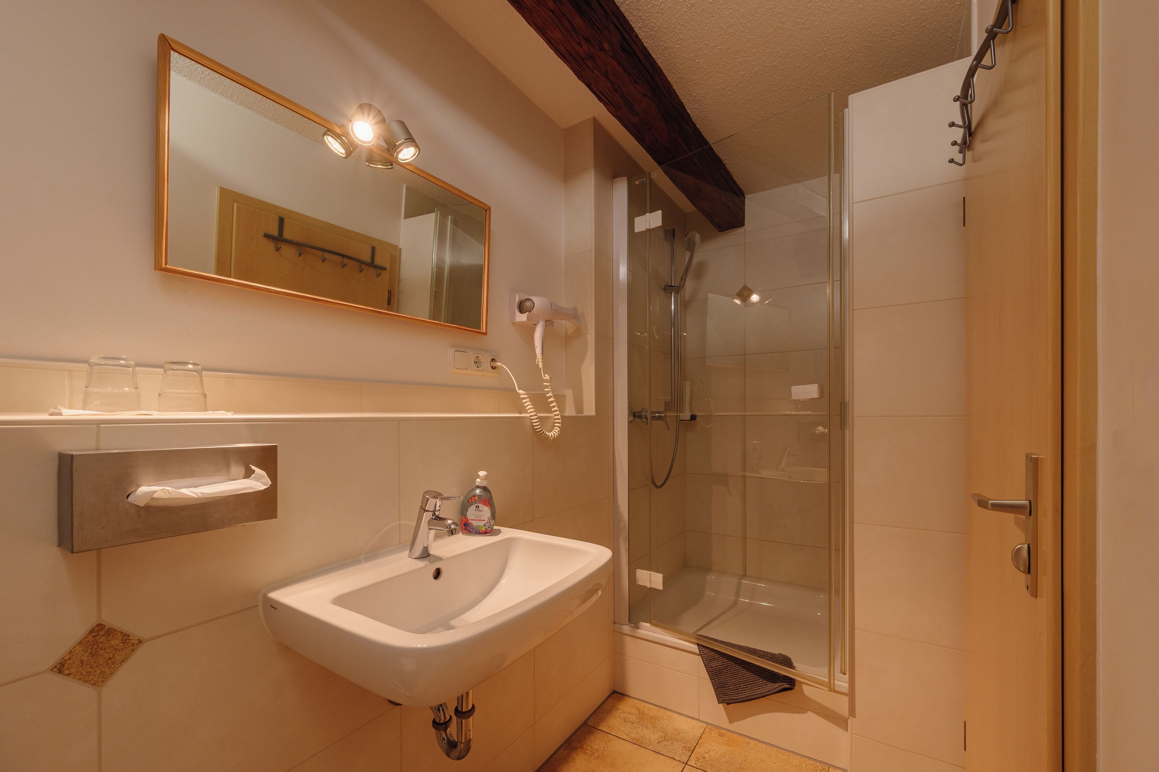 A bathroom with a sink, mirror, and shower.