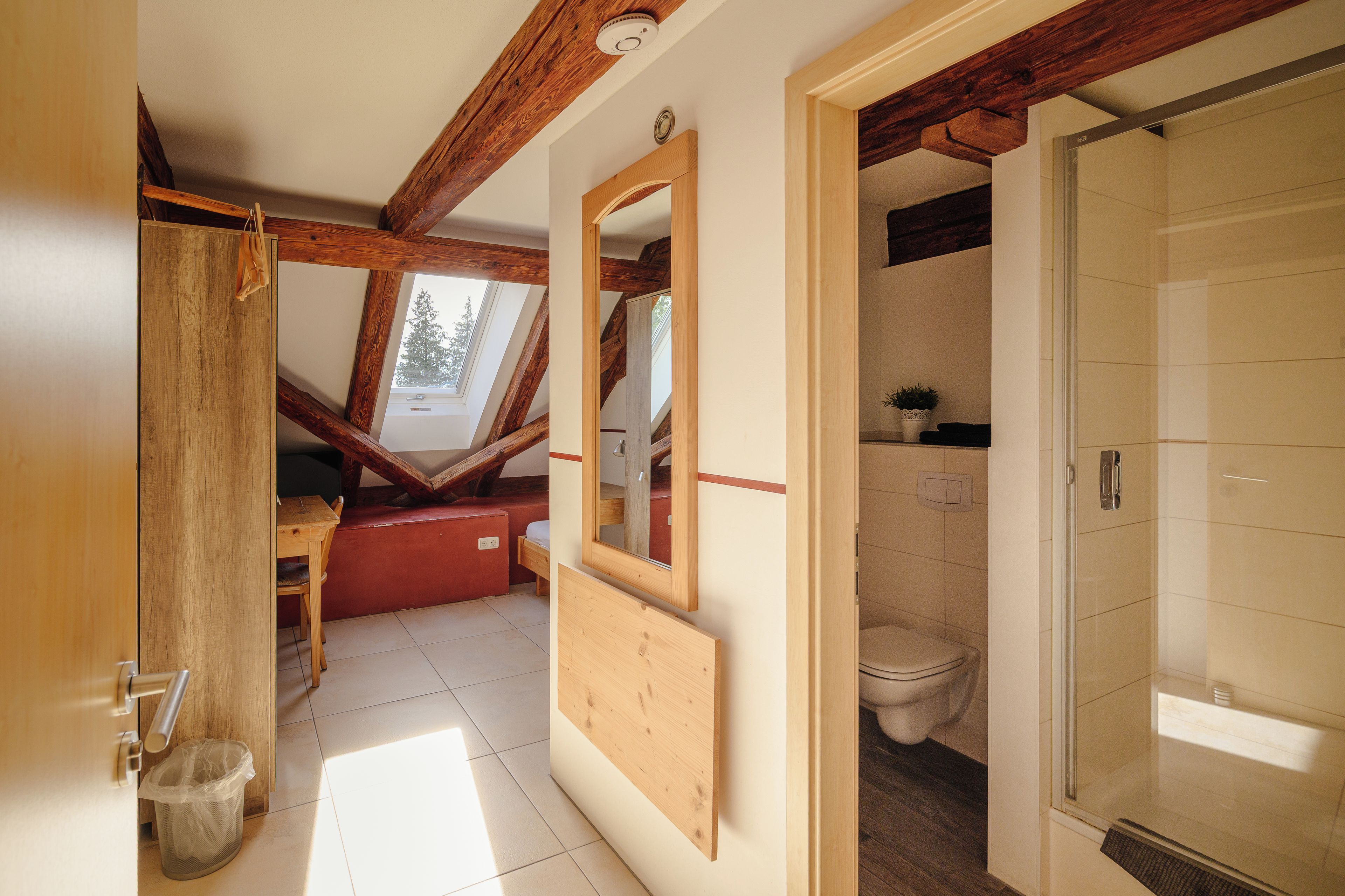 Ein Zimmer mit schrägem Dach, Holzbalken, Dachfenster, Spiegel, Dusche und Toilette.