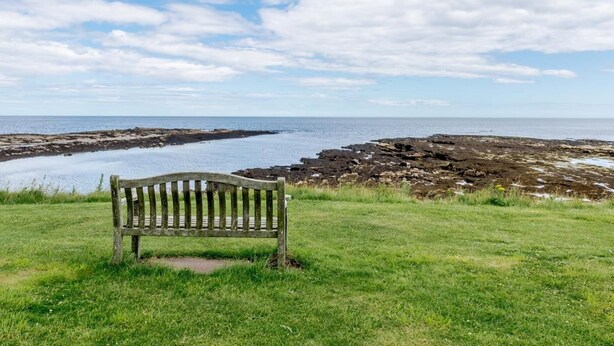 Un banc placé face à une côte rocheuse, offrant une vue sur la mer.